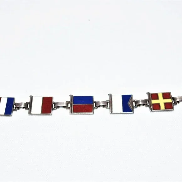 1940s Sterling Silver Enamel Nautical Flag “Sweetheart” Bracelet WWII
